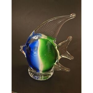 Vintage Jamaican‎ Glass Angel Fish On Pedestal , Green , Blue, White